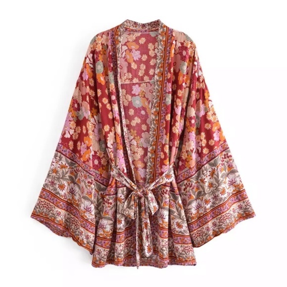Wine Floral Bohemian Short Floral Kimono Wrap Top - Picture 1 of 12